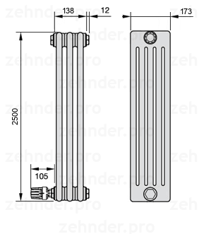 Схема (чертеж) Радиатор Zehnder Charleston 5250/3 №V003 Белый глянцевый RAL 9016